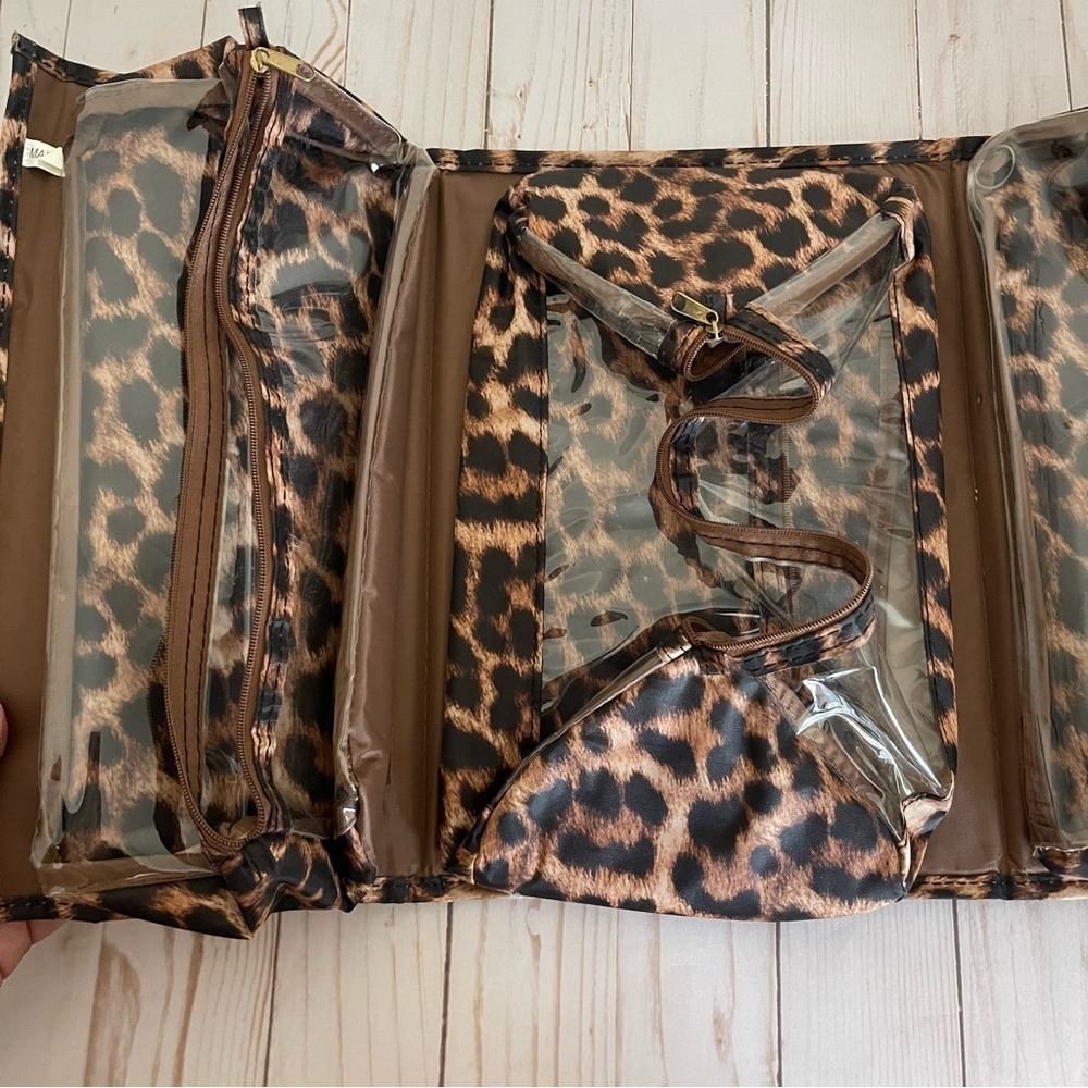 JM Collection Travel Leopard Fold Out Pouch Bag Brown - Picture 5 of 10